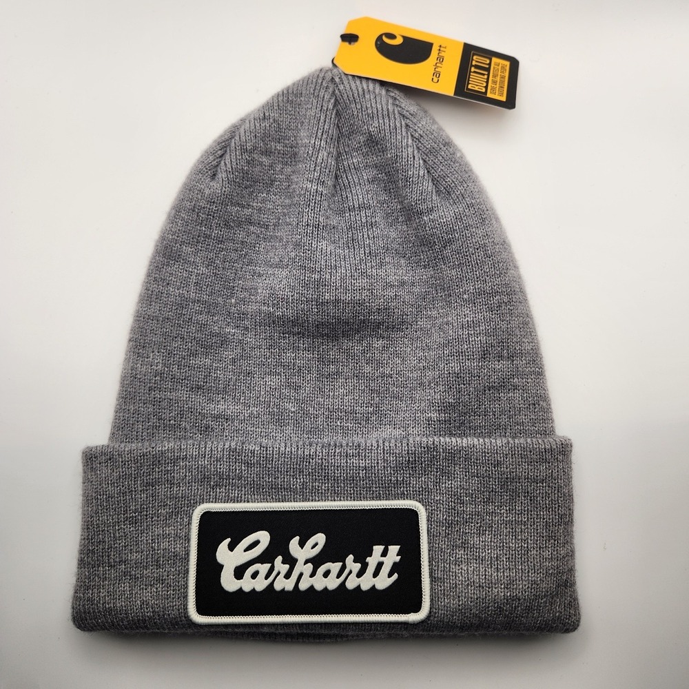 Carhartt Knit Cuffed Script Patch Beanie Gray/Black NWT